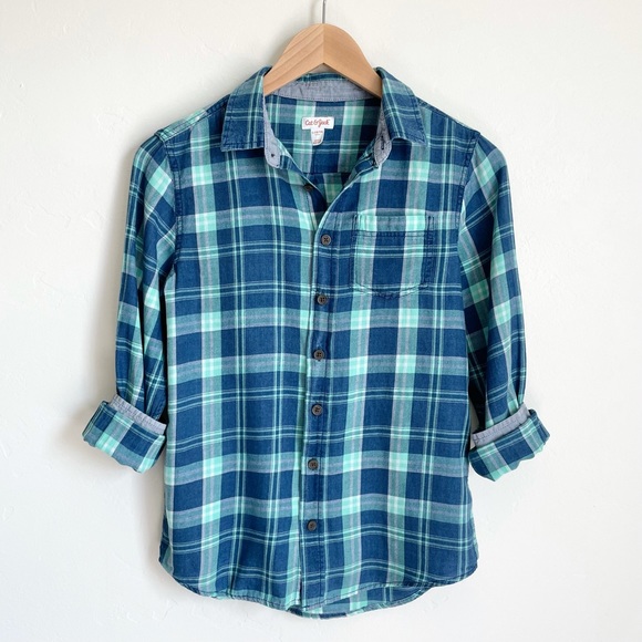 Cat & Jack Boy's Blue Plaid Button Up Shirt - Picture 1 of 8